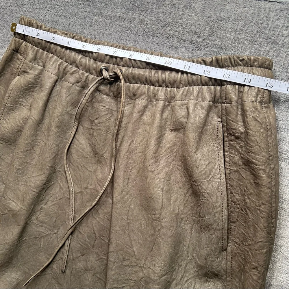 ROCOCO Crinkle Leather Pants Sz S Barrel Drop Crutch Crop Harem Olive Green Soft - Picture 12 of 17